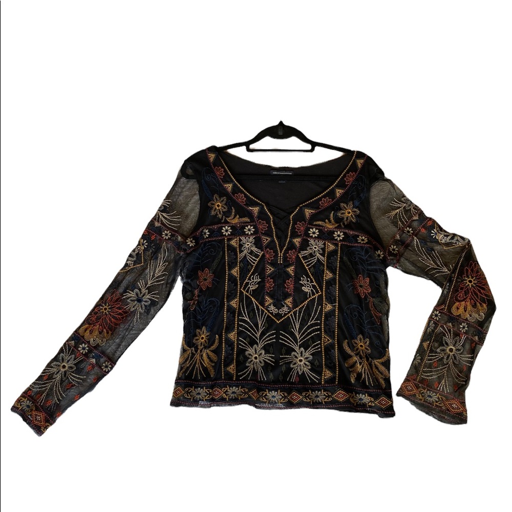 Embroidered mesh long sleeved top